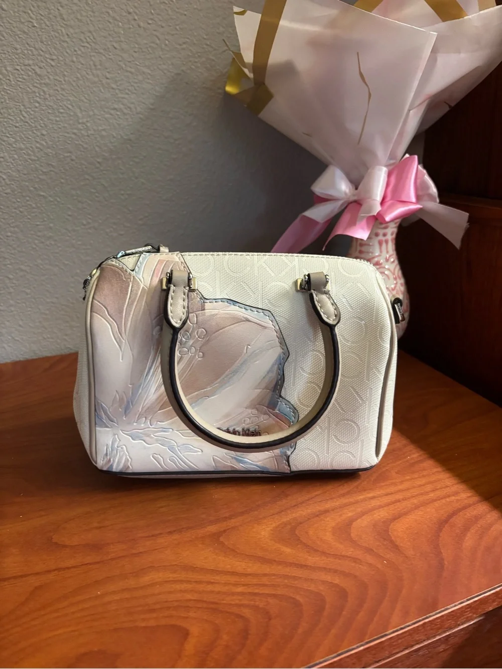 Calvin Klein Cream Floral Dome Satchel with Pale Pink Accents